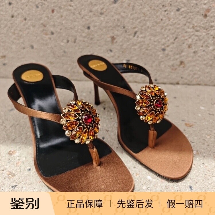 棕色缎面高跟凉鞋拖鞋 夹趾水晶水钻花朵Saint Laurent YSL圣罗兰