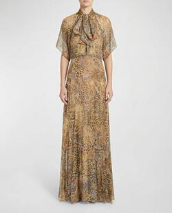 真丝连衣裙 2026春夏新款 短袖 Etro艾绰 蝴蝶结领 豹纹长款