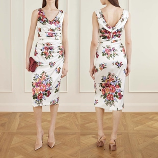 中裙V领 微弹力褶皱修身 DG杜嘉班纳2026春夏 连衣裙 白色印花无袖