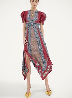 红色印花短袖桑蚕丝连衣裙 真丝不规则 La Double J 2026春夏新款