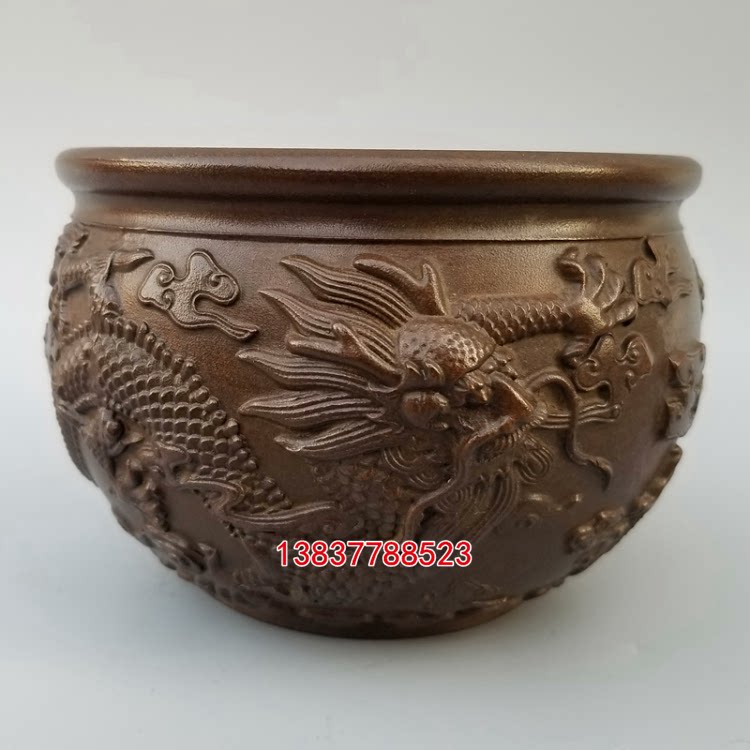 纯铜龙纹缸仿古双龙缸飞龙在天浮雕龙香炉笔洗招财缸镇宅风水摆件