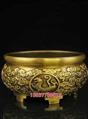 黄铜十二生肖香炉四大神兽聚宝盆家用浮雕宣德炉焚香炉工艺摆件