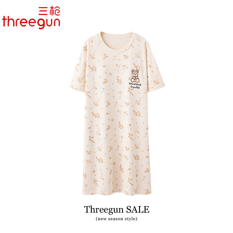 三枪睡裙女款夏季纯棉卡通圆领中长过膝裙夏天薄款全棉女士睡衣