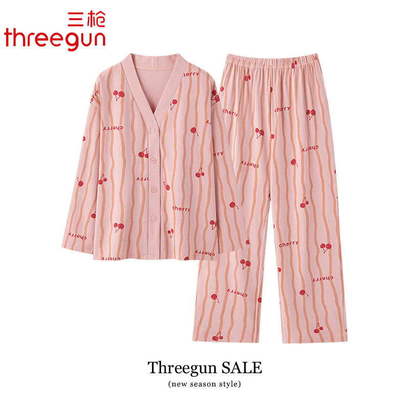 三枪2024新款睡衣女士春秋季秋款纯棉长袖家居服秋天时尚开衫套装