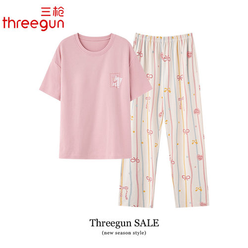 三枪睡衣女款夏季纯棉短袖长裤甜美家居服夏天全棉薄款女士套装