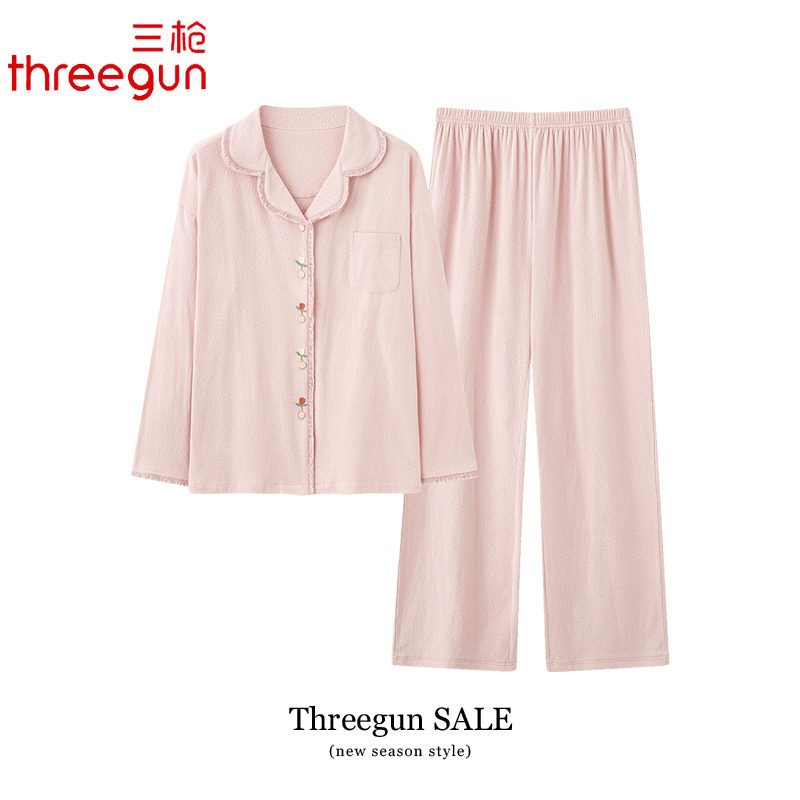 三枪女士睡衣长袖开衫翻领提花拉架棉春秋季卡通家居服秋天套装