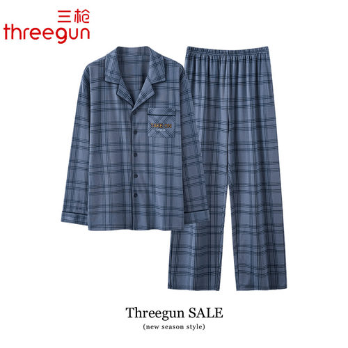 三枪睡衣男士春秋季秋款纯棉长袖翻领家居服秋天全棉男款时尚套装