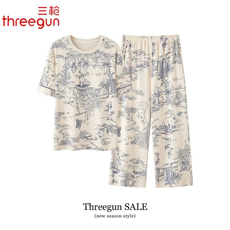 三枪睡衣女士夏季纯棉短袖七分裤夏天全棉薄款休闲女款家居服套装
