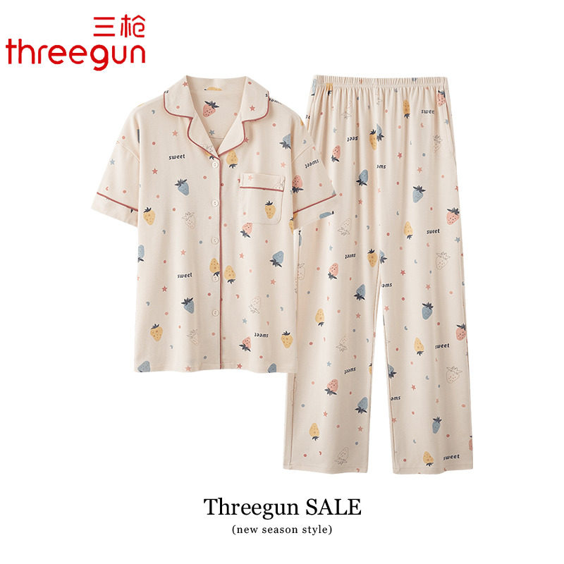 三枪纯棉睡衣女士夏季薄款短袖长裤时尚翻领家居服夏天全棉套装,女士内衣/男士内衣/家居服,睡衣/家居服套装,淘宝优惠券,粉丝福利购,淘宝优惠卷