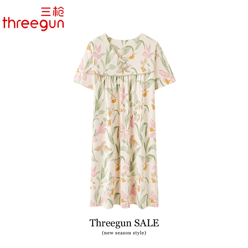 三枪睡裙女士夏季新款纯棉短袖过膝中长款睡衣夏天全棉休闲家居服