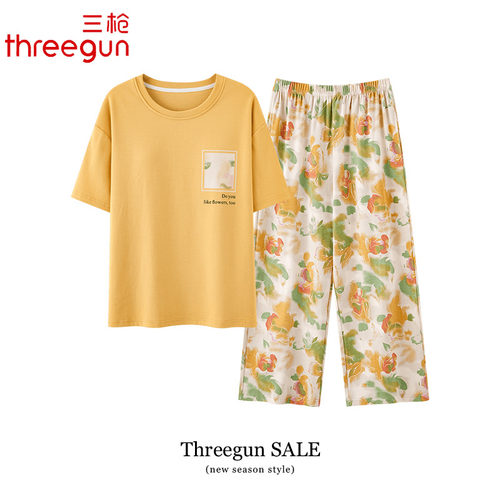 三枪女款睡衣夏季纯棉薄款短袖七分裤家居服夏天女士全棉休闲套装