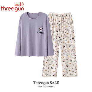 全棉家居服夏季 纯棉长袖 薄款 秋天秋款 三枪睡衣女款 女士套装 春秋季