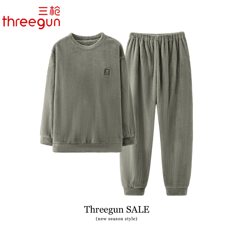 三枪睡衣男士秋冬款加厚珊瑚绒冬季加绒保暖家居服法兰绒男款套装