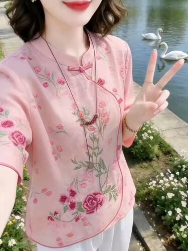 新中式气质夏季新款上衣女国风粉色印花盘扣斜襟遮肉显瘦衬衫潮