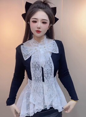 2025秋季白色蕾丝重工蝴蝶结拼接黑色拼接显瘦假两件上衣