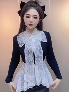 2025秋季白色蕾丝重工蝴蝶结拼接黑色拼接显瘦假两件上衣
