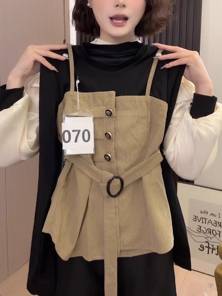 时尚别致圆领拼接假两件收腰长袖上衣女装2025新款时尚百搭打底衫
