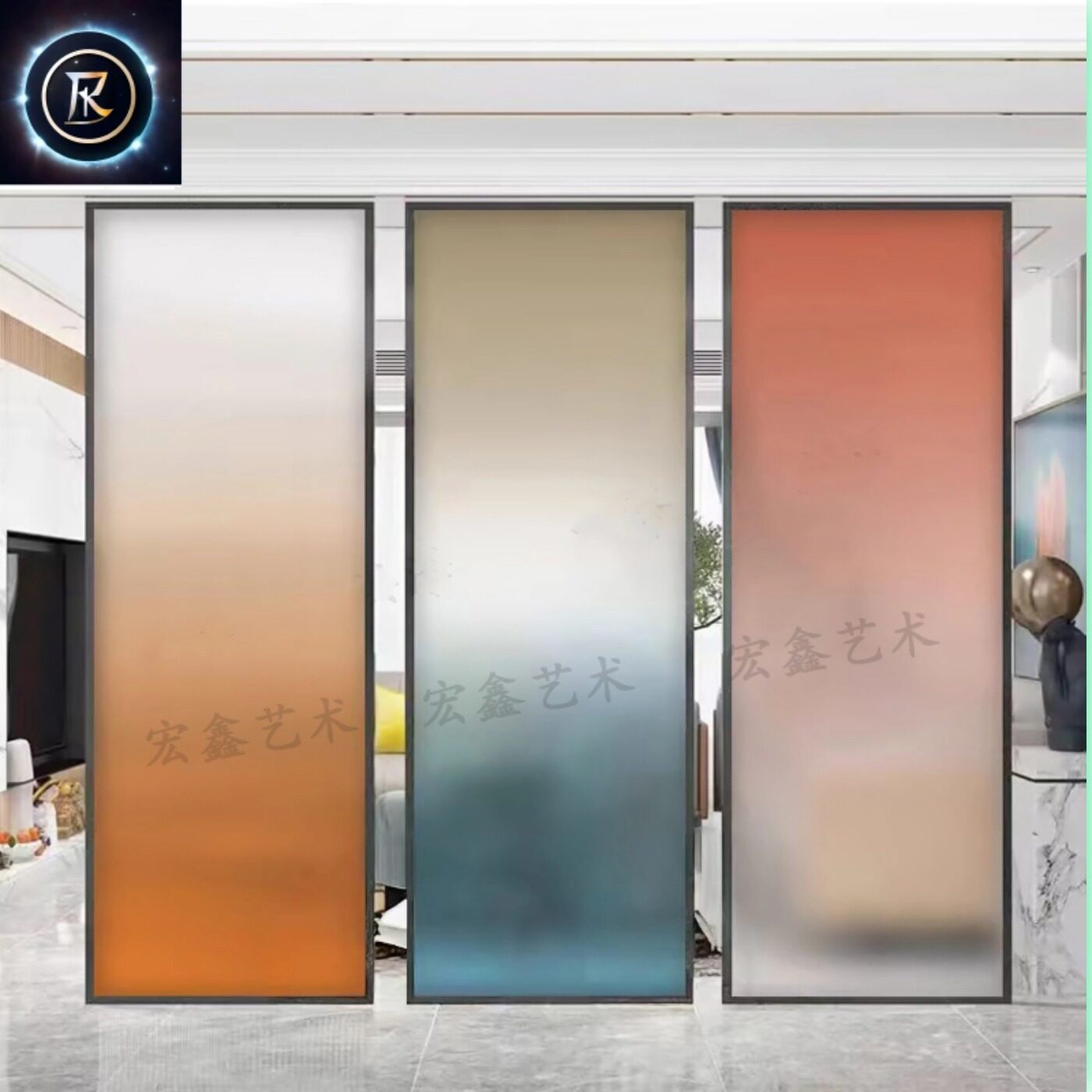 彩绘油砂渐变长虹玻璃屏风彩色干湿分离酒店洗浴高端玻璃隔断屏风