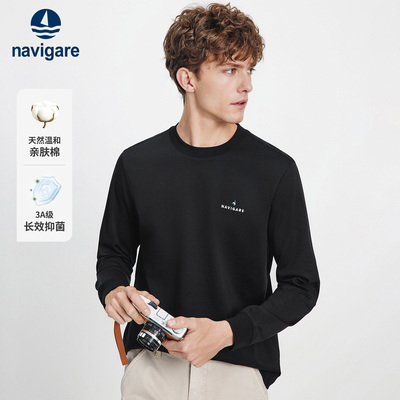 Navigare意大利小帆船20255秋季新款黑色基础款长袖T恤休闲打底衫