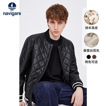 [绵羊皮]Navigare意大利小帆船真皮皮衣外套男秋季棒球领皮夹克