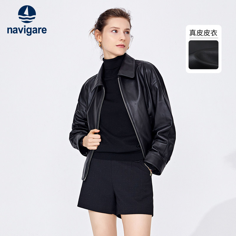 [绵羊皮]Navigare意大利小帆船短款皮衣外套女秋季黑色机车皮夹克,女装/女士精品,皮衣,淘宝优惠券,粉丝福利购,淘宝优惠卷