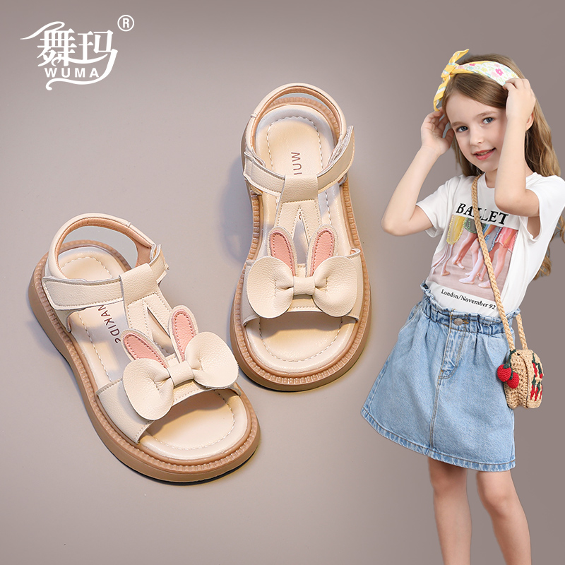 舞玛女童鞋子儿童真皮公主鞋2025新款小宝宝夏季可爱露趾软底凉鞋