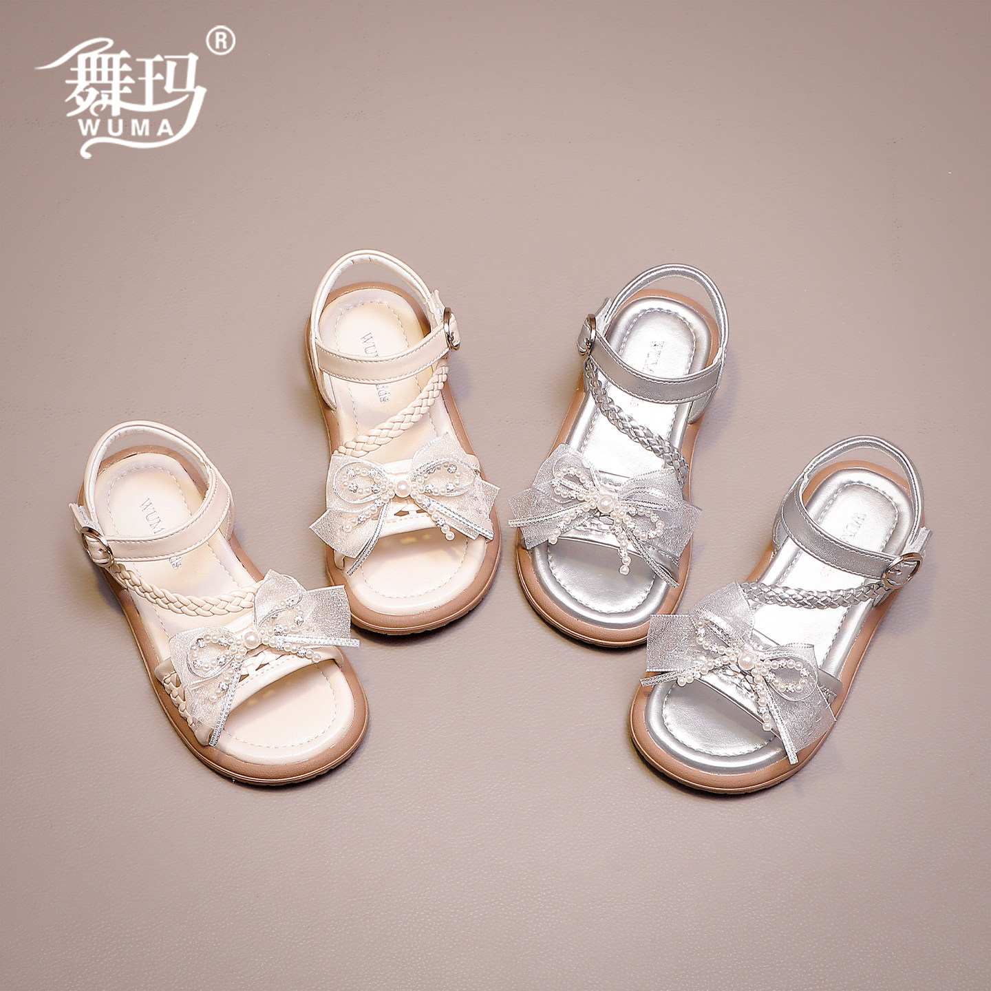 舞玛女童凉鞋2026夏款珍珠蝴蝶结公主鞋软底防滑透气中大童沙滩鞋