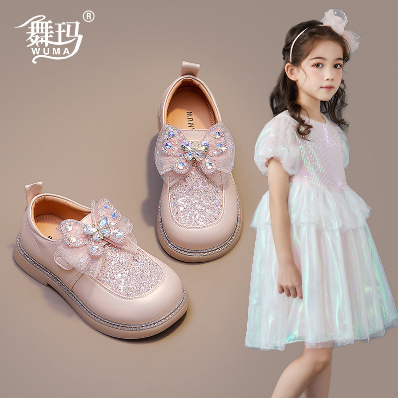 舞玛女童春秋季水晶公主皮鞋图片