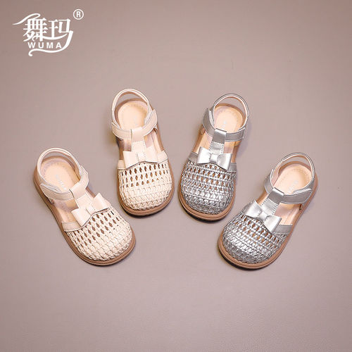 舞玛女童编织凉鞋蝴蝶结公主鞋