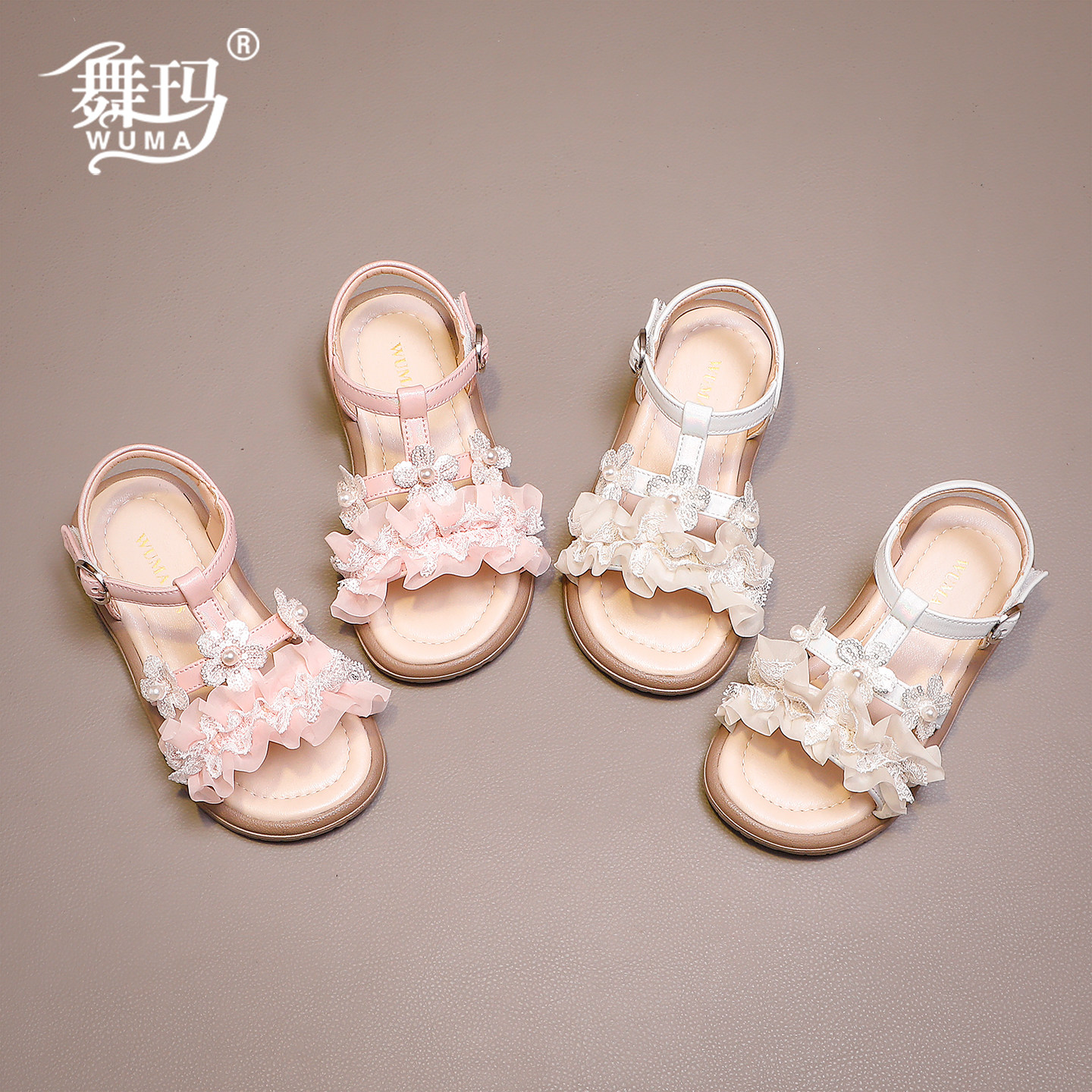 舞玛女童凉鞋2026夏季新款公主风蕾丝花边小女孩软底防滑儿童鞋子