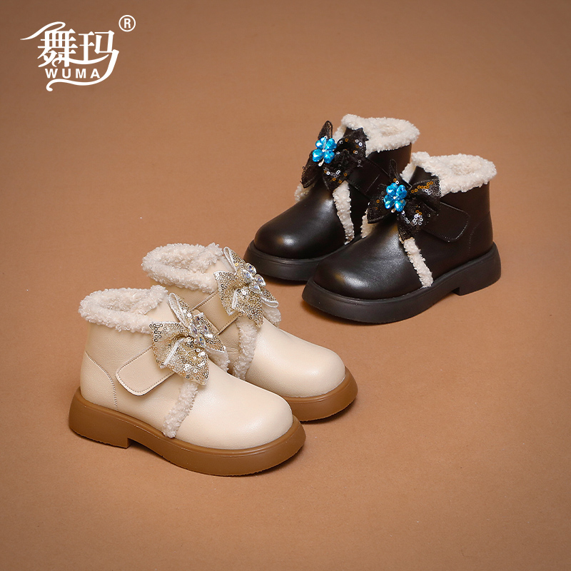 舞玛女童冬季女孩蝴蝶结二棉短靴
