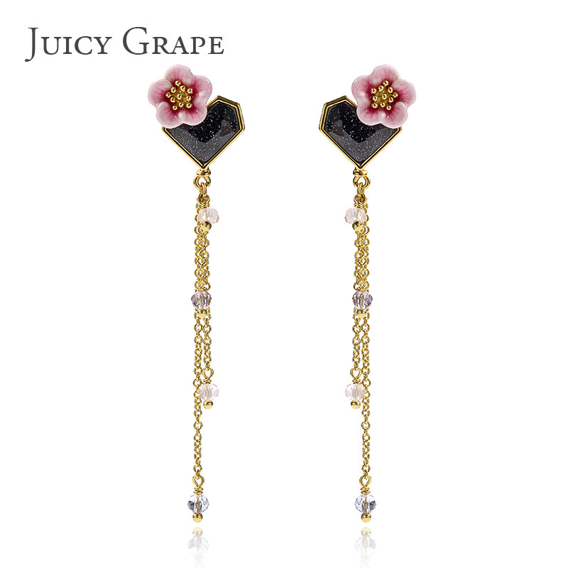 Juicy Grape粉色桃花蓝砂石长款耳环女气质简约耳饰原创珐琅耳坠