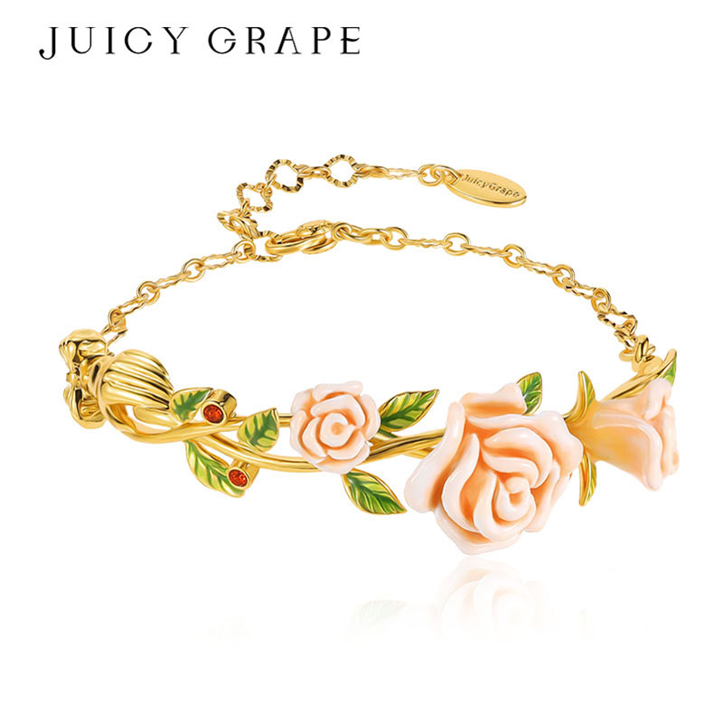 Juicy Grape香槟玫瑰原创设计感法式轻奢花朵珐琅半手镯手链女款