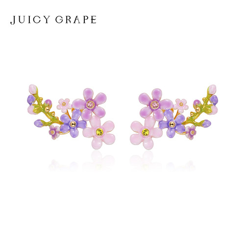 紫粉色勿忘我小花简约银耳钉法式