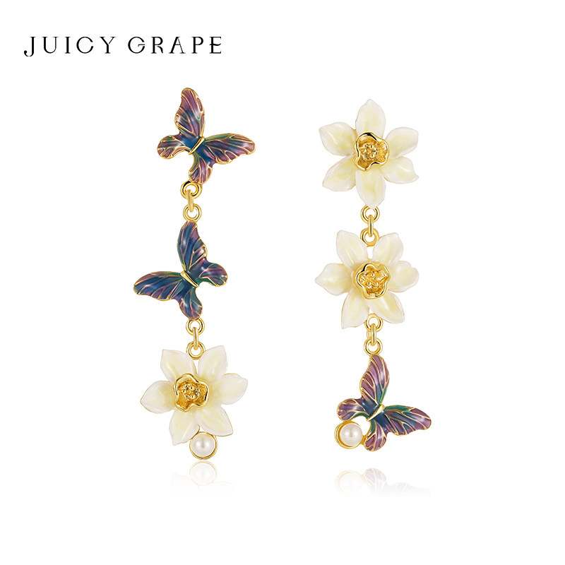Juicy Grape原创设计蝴蝶耳钉女气质名媛不对称水仙花耳环女法式