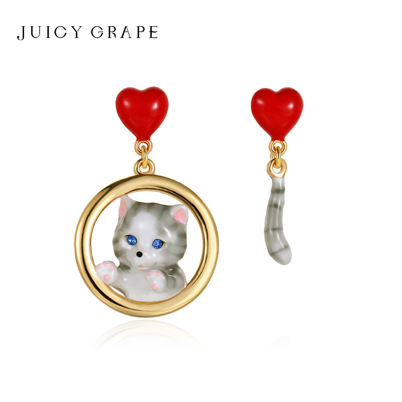 JuicyGrape可爱猫耳钉特别设计感小众耳饰不对称红心猫咪耳环女