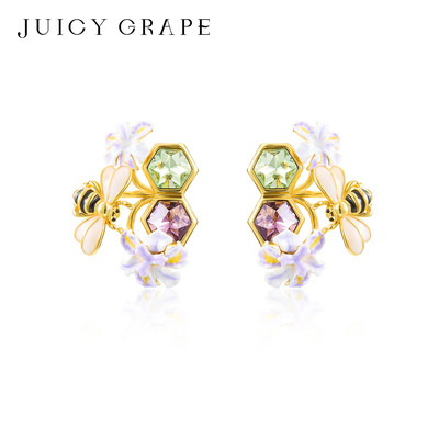 法式紫鸢尾小蜜蜂蜂巢耳钉