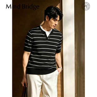 MindBridge经典4色亨利领条纹绵羊毛针织衫短袖T恤男吸湿透气MB7F