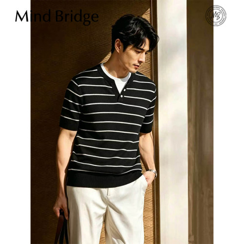 MindBridge经典4色亨利领条纹绵羊毛针织衫短袖T恤男吸湿透气MB7F