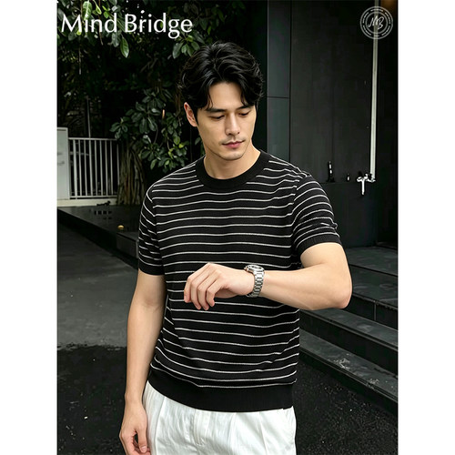 MindBridge经典4色圆领休闲条纹绵羊毛针织衫短袖T恤透气耐磨MB7G