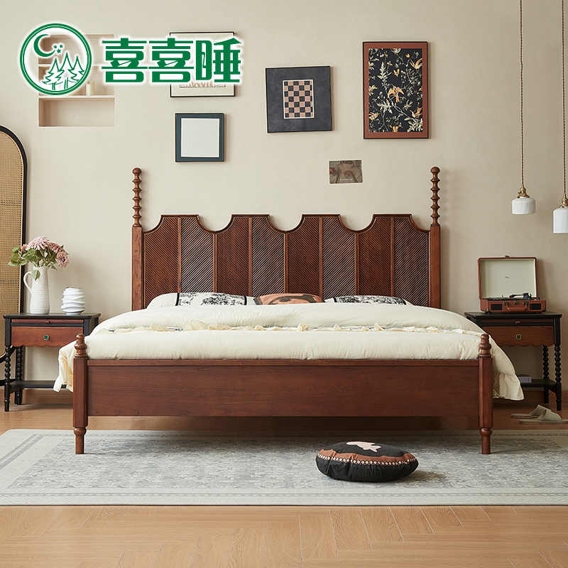 喜喜睡 现代简约实木床法式高级感雕花床屏主卧双人大床复古婚床