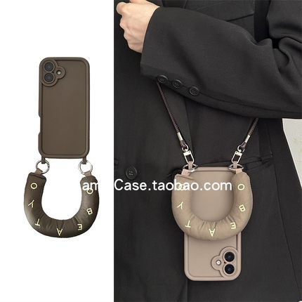 简约复古小众棕咖字母充棉手腕6promax适用苹果15promax手机壳13pro斜挎挂绳12精孔双耳16全包防摔14保护套