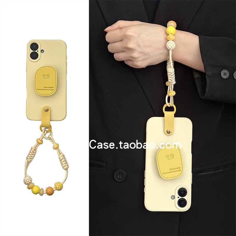 ins小众简约卡通表情包皮质支架17promax适用苹果15promax手机壳13新款黄木珠手腕绳12个性16防摔14保护套