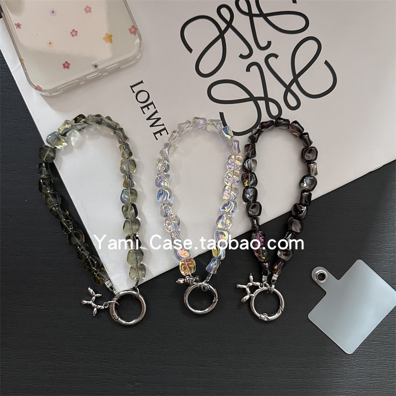 手机挂链短款高级感轻奢黑紫水晶石串珠防丢包挂钥匙扣女通用插片