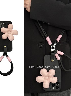 新款褶皱黑色羽绒花朵适用17promax苹果15promax手机壳iphone13纯色11简约12软胶7p8韩风16手拎绳14保护套