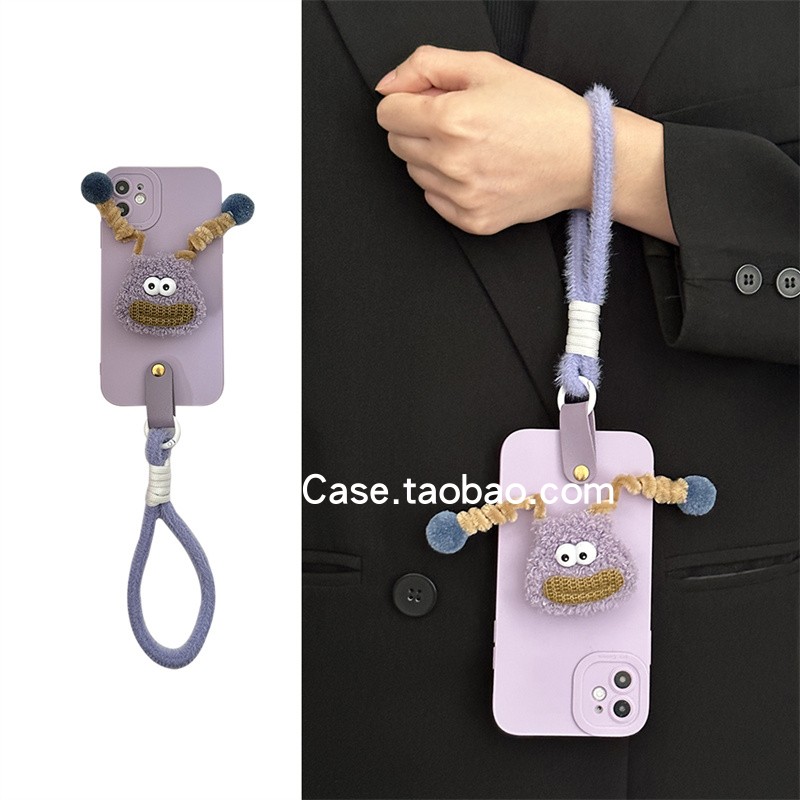 ins小众香芋紫刺绣弹簧怪兽支架适用16promax苹果15promax手机壳iphone13毛绒绳11全包12个性14保护套