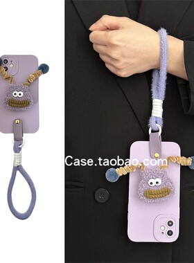 ins小众香芋紫刺绣弹簧怪兽支架适用17promax苹果15promax手机壳iphone13毛绒绳16全包12个性14保护套