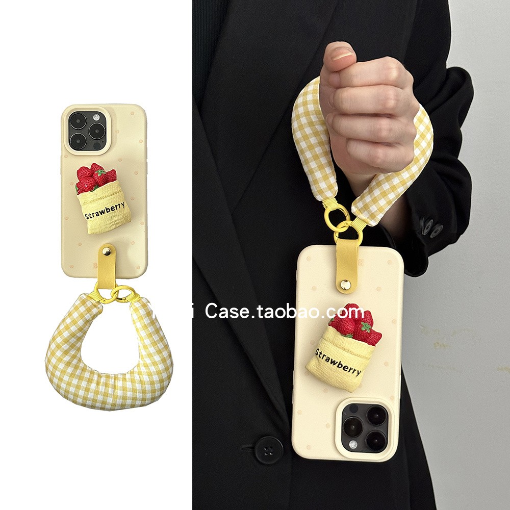 韩系简约创意立体草莓支架17promax适用苹果15promax手机壳13pro充棉手腕绳12百搭15防摔16全包14保护套
