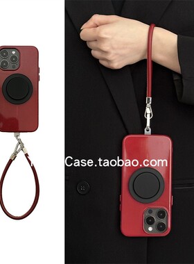 高级感ins细闪红色磁吸黑磨砂圆支架16promax适用苹果15promax手机壳13pro个性12软皮手提16全包防摔15保护套