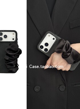 简约翻皮ins黑色丝巾弹力手腕带16promax适用苹果17promax手机壳iphone13软胶15pro大孔17个性14保护套